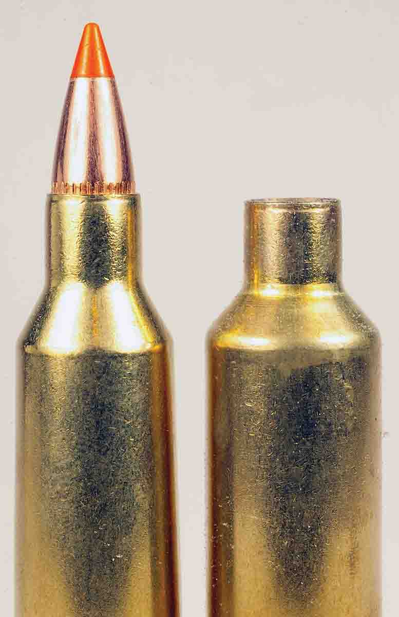 The .22-250 Remington (left) and .22-250 Improved (right) have the same headspace dimensions, so factory-loaded .22-250s can be fired and properly formed in an Improved chamber.